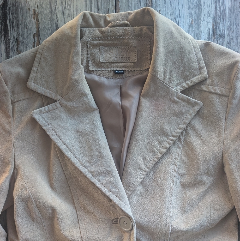 Y2K Suede Leather Tailored Blazer Beige XS - Picture 4 of 9